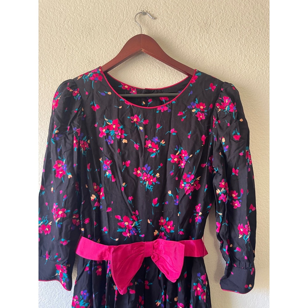 Lanz Originals Vintage Floral Midi Dress Black Fuchsia Bow Puff Sleeve Size 6 - Picture 5 of 8